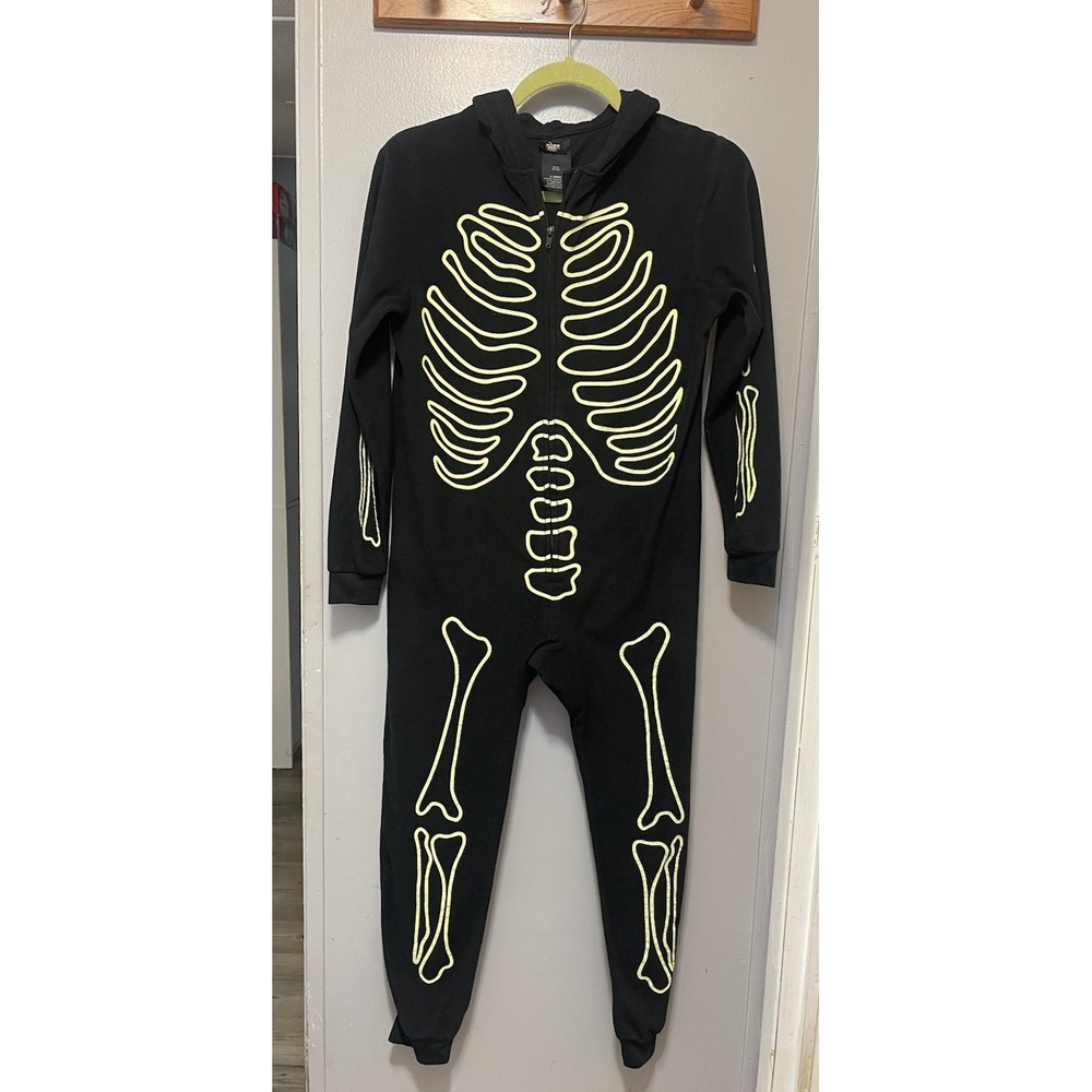 Hide & Eek  Black  Neon Skeleton  One Piece Full Zip Hoodie Sleep Boys Large